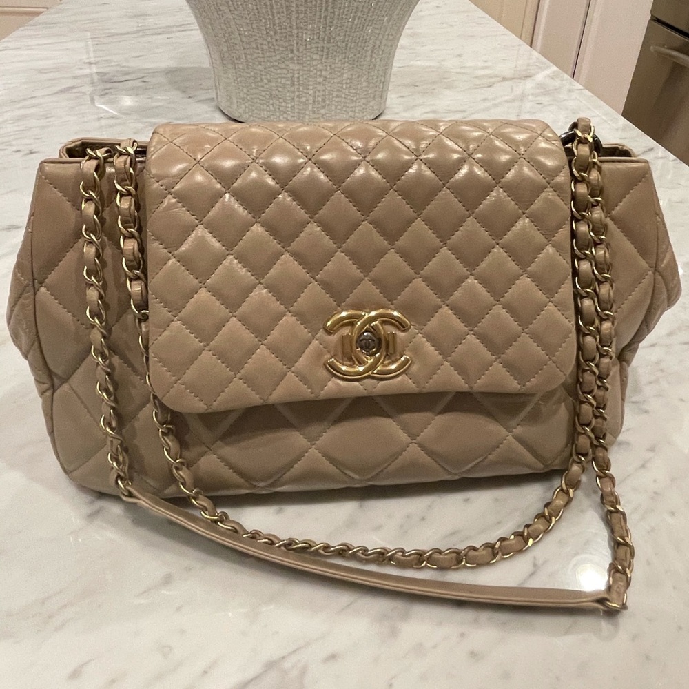 Chanel Accordion Beige Calfskin Leather Bag